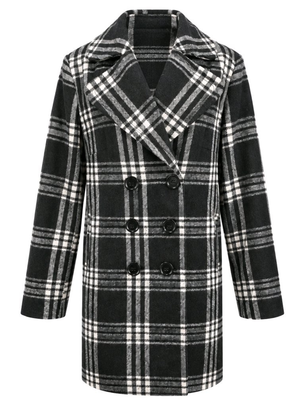 New York & Company women’s double-breasted plaid coat.